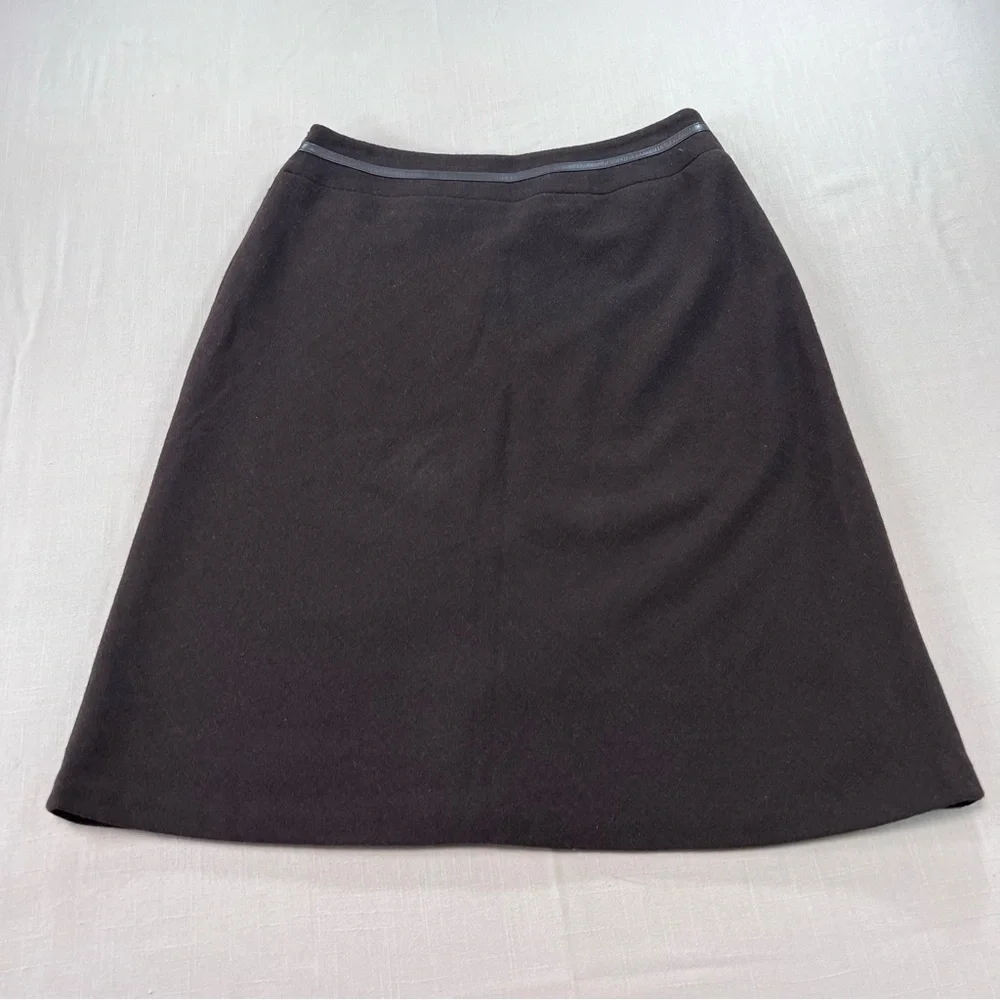 Jones New York Wool Skirt Size 6 Brown Leather Trim Zip Waist